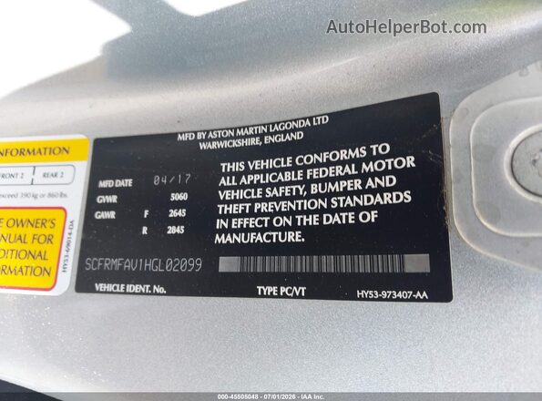 SCFRMFAV1HGL02099 2017 ASTON MARTIN DB11 Silver Vista del compartimento del motor