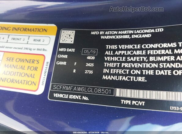 SCFRMFAW6LGL08501 2020 ASTON MARTIN DB11 Purple Vista del compartimento del motor