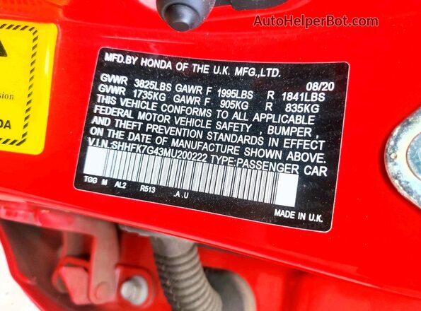 SHHFK7G43MU200222 2021 HONDA CIVIC Red Շարժիչի բաժամունքի տեսք