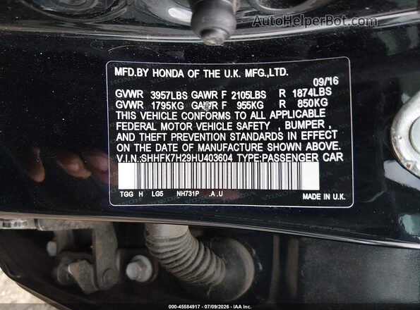 SHHFK7H29HU403604 2017 HONDA CIVIC Black Вид підкапотного простору