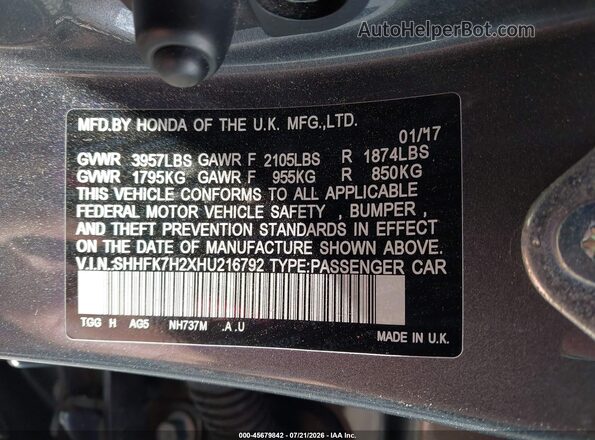 SHHFK7H2XHU216792 2017 HONDA CIVIC Gray Vista del compartimento del motor