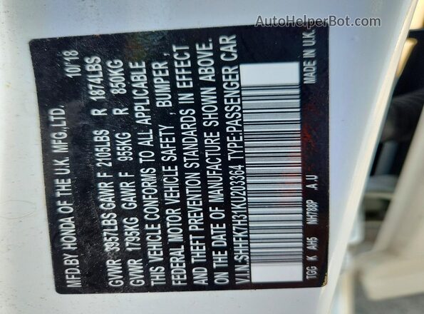 SHHFK7H31KU203364 2019 HONDA CIVIC White Widok komory silnika