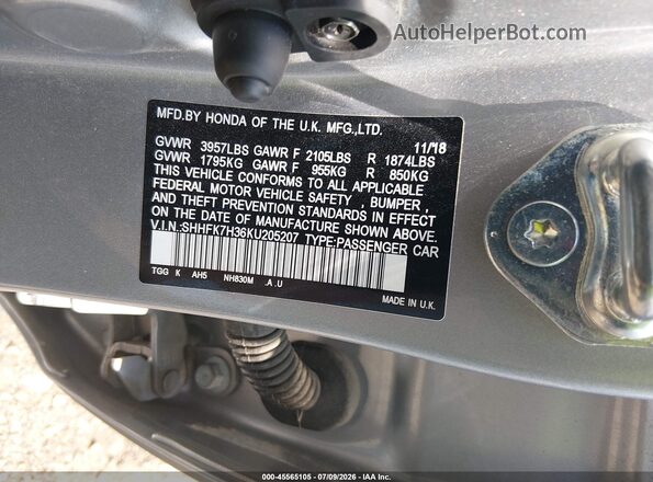 SHHFK7H36KU205207 2019 HONDA CIVIC Silver Вид підкапотного простору