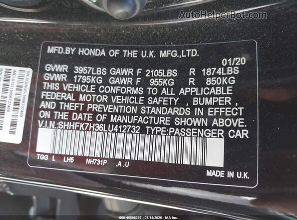 SHHFK7H36LU412732 2020 HONDA CIVIC Black Vista del compartimento del motor