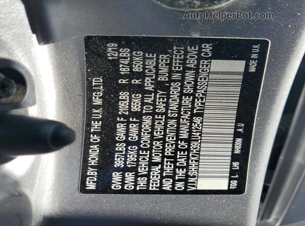 SHHFK7H39LU412546 2020 HONDA CIVIC Серебряный Вид наклейки с VIN-кодом
