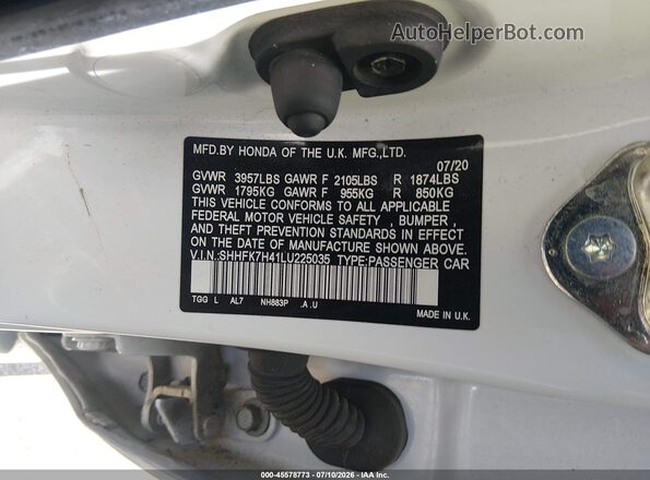 SHHFK7H41LU225035 2020 HONDA CIVIC Белый Вид подкапотного пространства