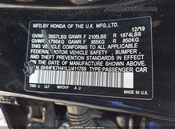 SHHFK7H41LU411769 2020 HONDA CIVIC Black Vista del compartimento del motor
