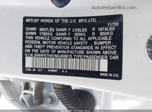 SHHFK7H41MU408615 2021 HONDA CIVIC White Engine compartment view
