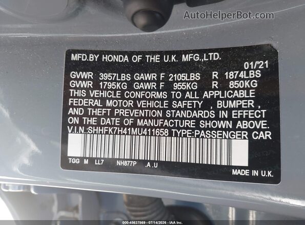 SHHFK7H41MU411658 2021 HONDA CIVIC Gray Widok komory silnika