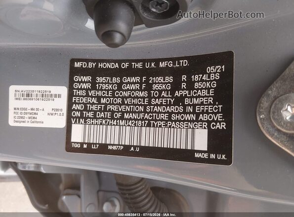 SHHFK7H41MU421817 2021 HONDA CIVIC Gray Engine compartment view
