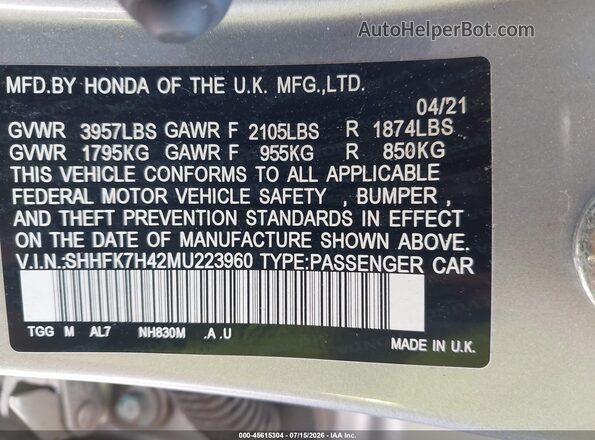 SHHFK7H42MU223960 2021 HONDA CIVIC Silver Շարժիչի բաժամունքի տեսք