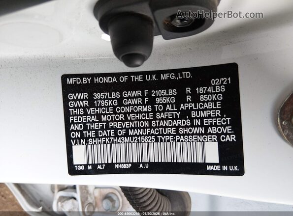 SHHFK7H43MU215625 2021 HONDA CIVIC Белый Вид подкапотного пространства