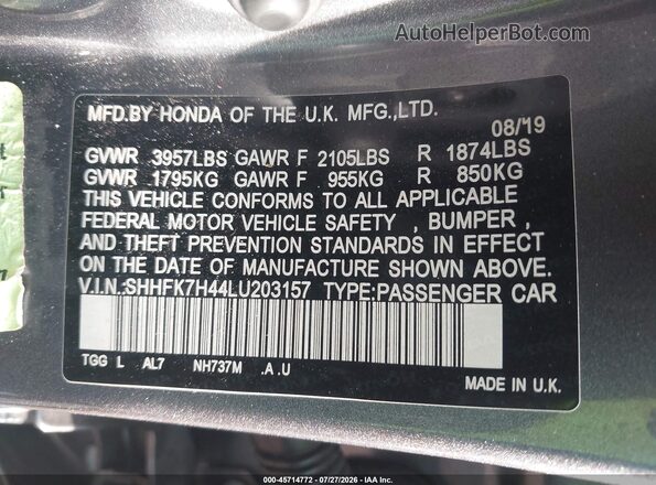 SHHFK7H44LU203157 2020 HONDA CIVIC Gray Շարժիչի բաժամունքի տեսք