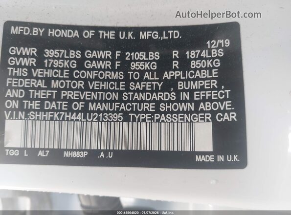 SHHFK7H44LU213395 2020 HONDA CIVIC White Vista del compartimento del motor