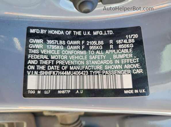 SHHFK7H44MU406423 2021 HONDA CIVIC Gray VIN კოდის სტიკერის ხედი
