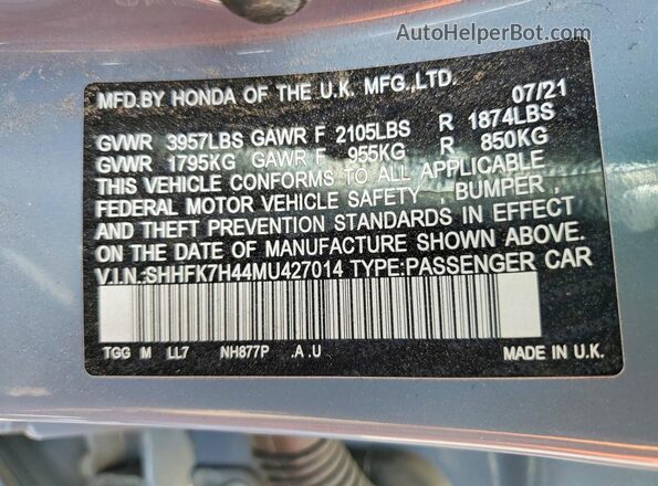SHHFK7H44MU427014 2021 HONDA CIVIC Gray VIN կոդի պիտակի տեսք