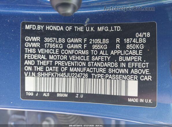 SHHFK7H45JU224726 2018 HONDA CIVIC Синий Вид подкапотного пространства