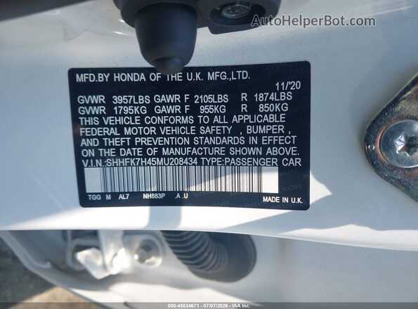SHHFK7H45MU208434 2021 HONDA CIVIC White Շարժիչի բաժամունքի տեսք