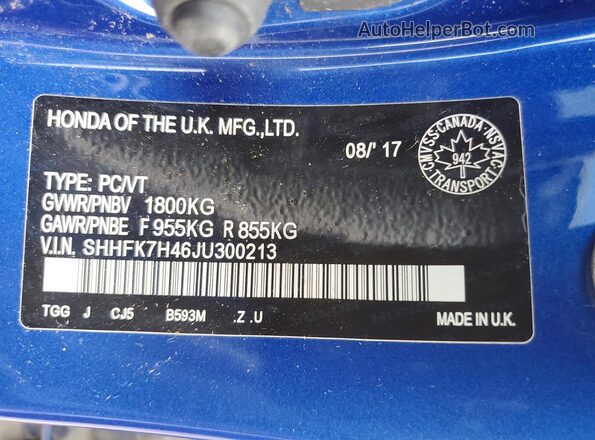 SHHFK7H46JU300213 2018 HONDA CIVIC Blue Widok naklejki z numerem VIN