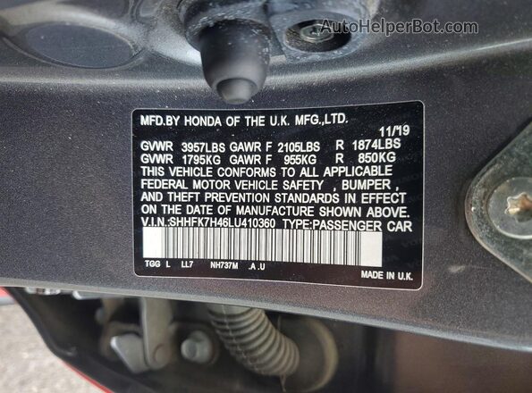 SHHFK7H46LU410360 2020 HONDA CIVIC Red Vista de la etiqueta del VIN