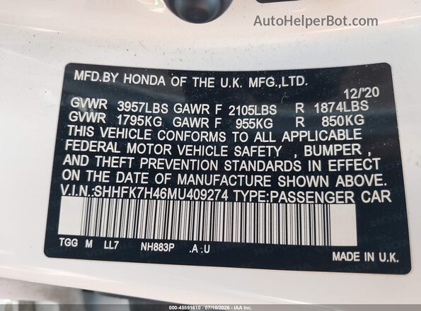 SHHFK7H46MU409274 2021 HONDA CIVIC White Вид підкапотного простору