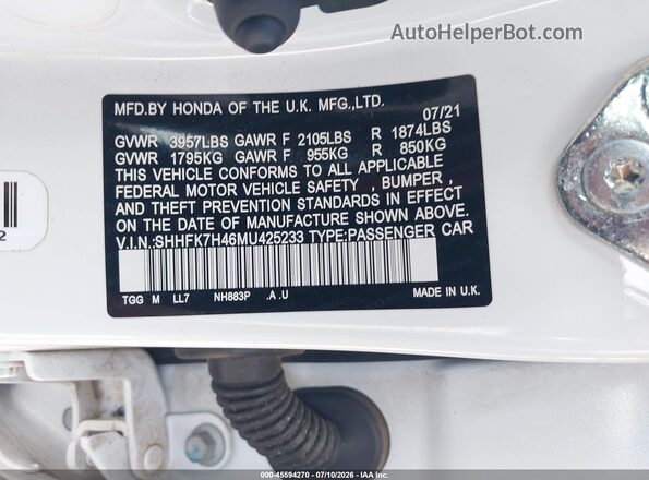 SHHFK7H46MU425233 2021 HONDA CIVIC Белый Вид подкапотного пространства