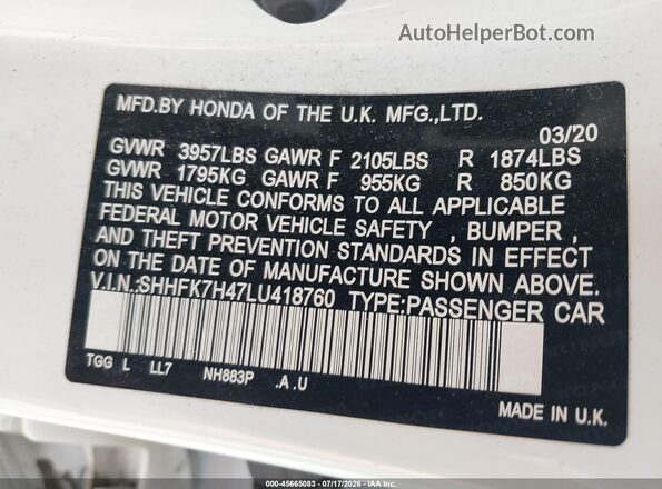 SHHFK7H47LU418760 2020 HONDA CIVIC White ძრავის განყოფილების ხედი