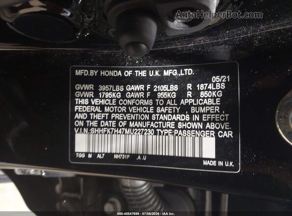 SHHFK7H47MU227230 2021 HONDA CIVIC Black Շարժիչի բաժամունքի տեսք