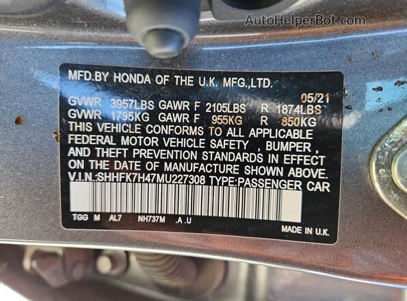 SHHFK7H47MU227308 2021 HONDA CIVIC Gray Շարժիչի բաժամունքի տեսք