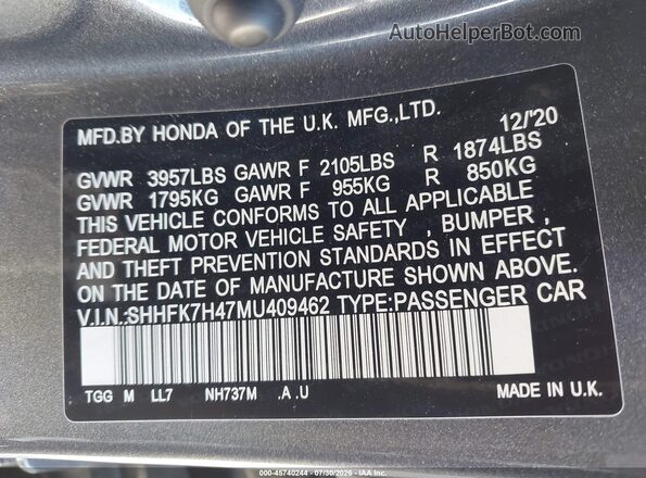 SHHFK7H47MU409462 2021 HONDA CIVIC Gray Vista del compartimento del motor