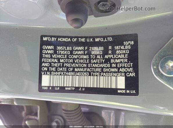 SHHFK7H48K4403263 2019 HONDA CIVIC Light Blue Engine compartment view
