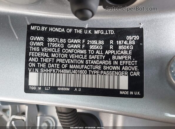 SHHFK7H48MU401600 2021 HONDA CIVIC Серебряный Вид подкапотного пространства