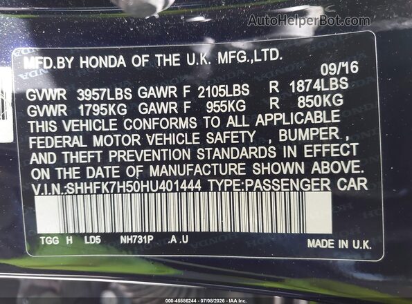 SHHFK7H50HU401444 2017 HONDA CIVIC Черный Вид подкапотного пространства