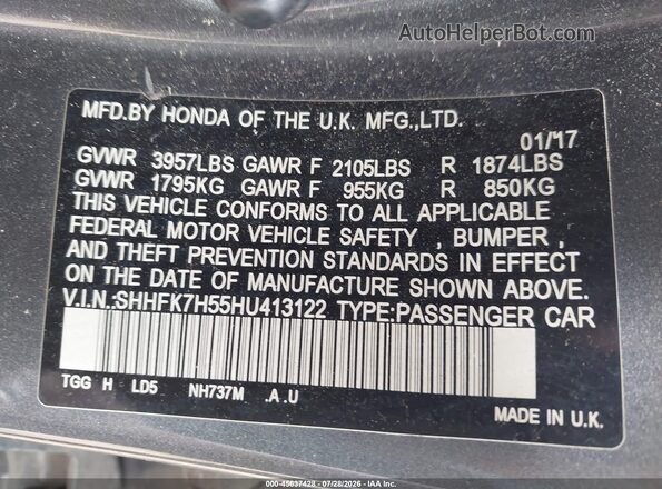 SHHFK7H55HU413122 2017 HONDA CIVIC Gray Շարժիչի բաժամունքի տեսք