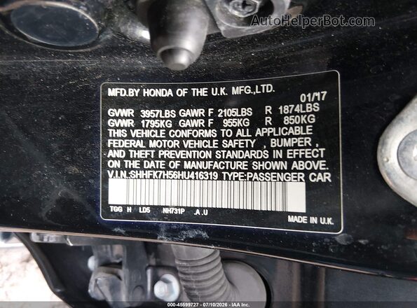 SHHFK7H56HU416319 2017 HONDA CIVIC Black Շարժիչի բաժամունքի տեսք