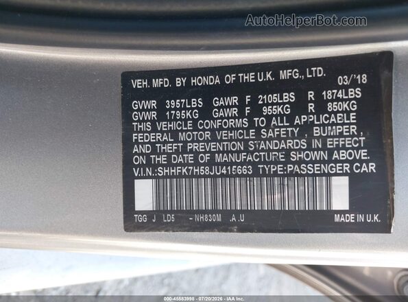 SHHFK7H58JU415663 2018 HONDA CIVIC Silver Widok komory silnika