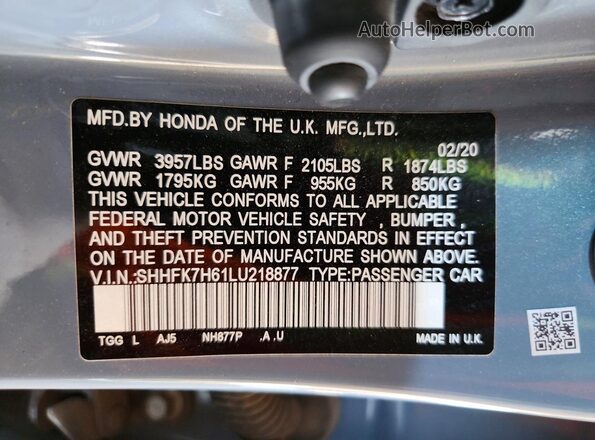 SHHFK7H61LU218877 2020 HONDA CIVIC Teal Շարժիչի բաժամունքի տեսք