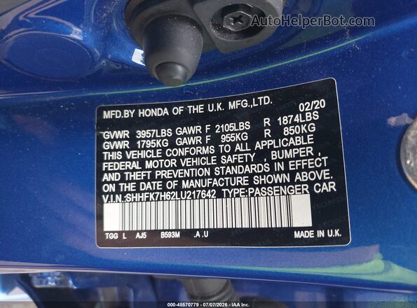 SHHFK7H62LU217642 2020 HONDA CIVIC Blue Շարժիչի բաժամունքի տեսք