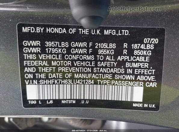 SHHFK7H63LU421284 2020 HONDA CIVIC Gray Շարժիչի բաժամունքի տեսք
