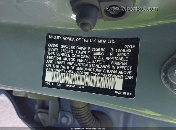 SHHFK7H64LU400198 2020 HONDA CIVIC Blue Вид підкапотного простору