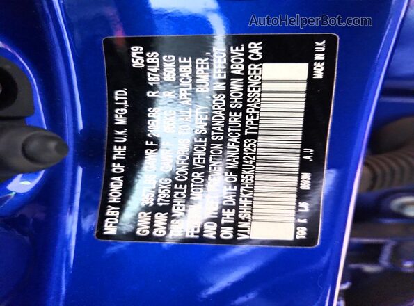SHHFK7H65KU421253 2019 HONDA CIVIC Blue Vista del compartimento del motor