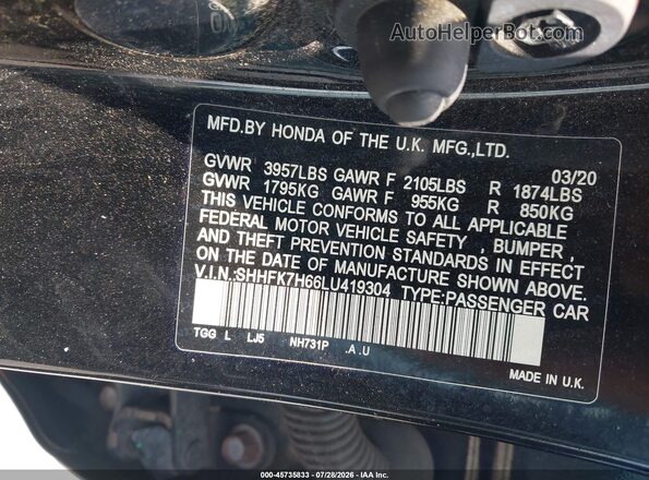 SHHFK7H66LU419304 2020 HONDA CIVIC Black Engine compartment view
