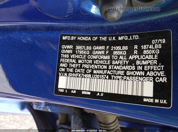 SHHFK7H68LU201574 2020 HONDA CIVIC Синий Вид подкапотного пространства