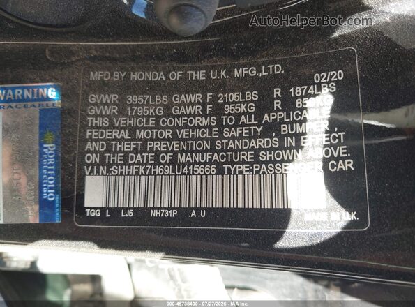 SHHFK7H69LU415666 2020 HONDA CIVIC Black Engine compartment view