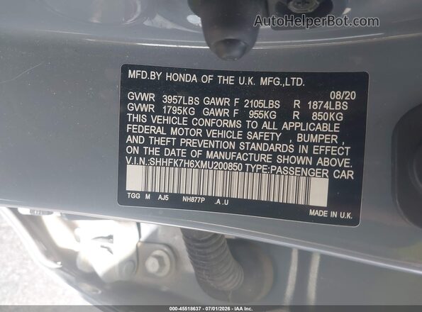 SHHFK7H6XMU200850 2021 HONDA CIVIC Blue Vista del compartimento del motor