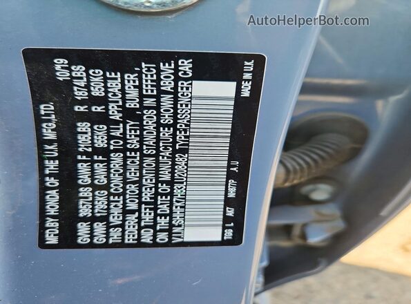 SHHFK7H83LU208482 2020 HONDA CIVIC Gray Вид наклейки з VIN-кодом