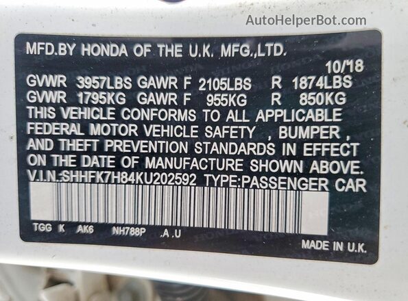 SHHFK7H84KU202592 2019 HONDA CIVIC White Շարժիչի բաժամունքի տեսք