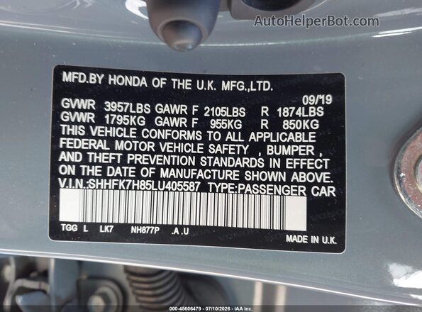 SHHFK7H85LU405587 2020 HONDA CIVIC Blue Widok komory silnika