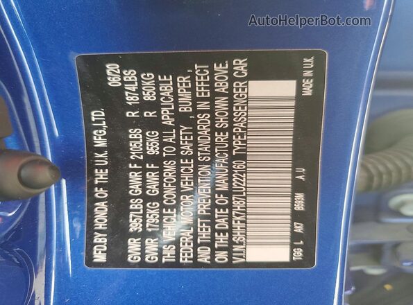 SHHFK7H87LU222160 2020 HONDA CIVIC Blue Widok komory silnika