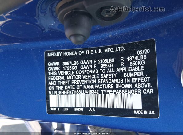 SHHFK7H88LU416342 2020 HONDA CIVIC Blue Engine compartment view